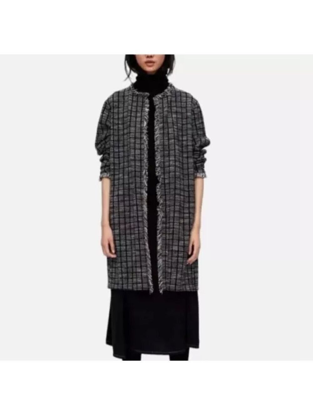 Zara Basic Black/White Tweed Long Open Front Long Cardigan/Duster Size M Pocket